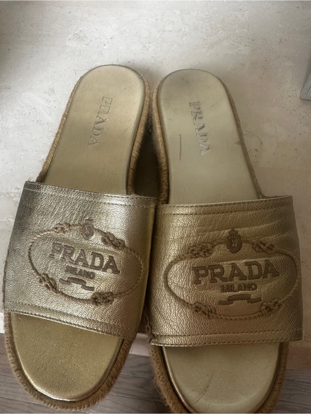 Prada Slide Sandals in Gold and Cream - Picture 7 of 9